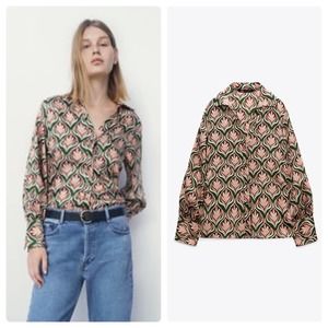 Zara Pink Green Print Shirt with Gathered Waist Size XS NWT New With Tags